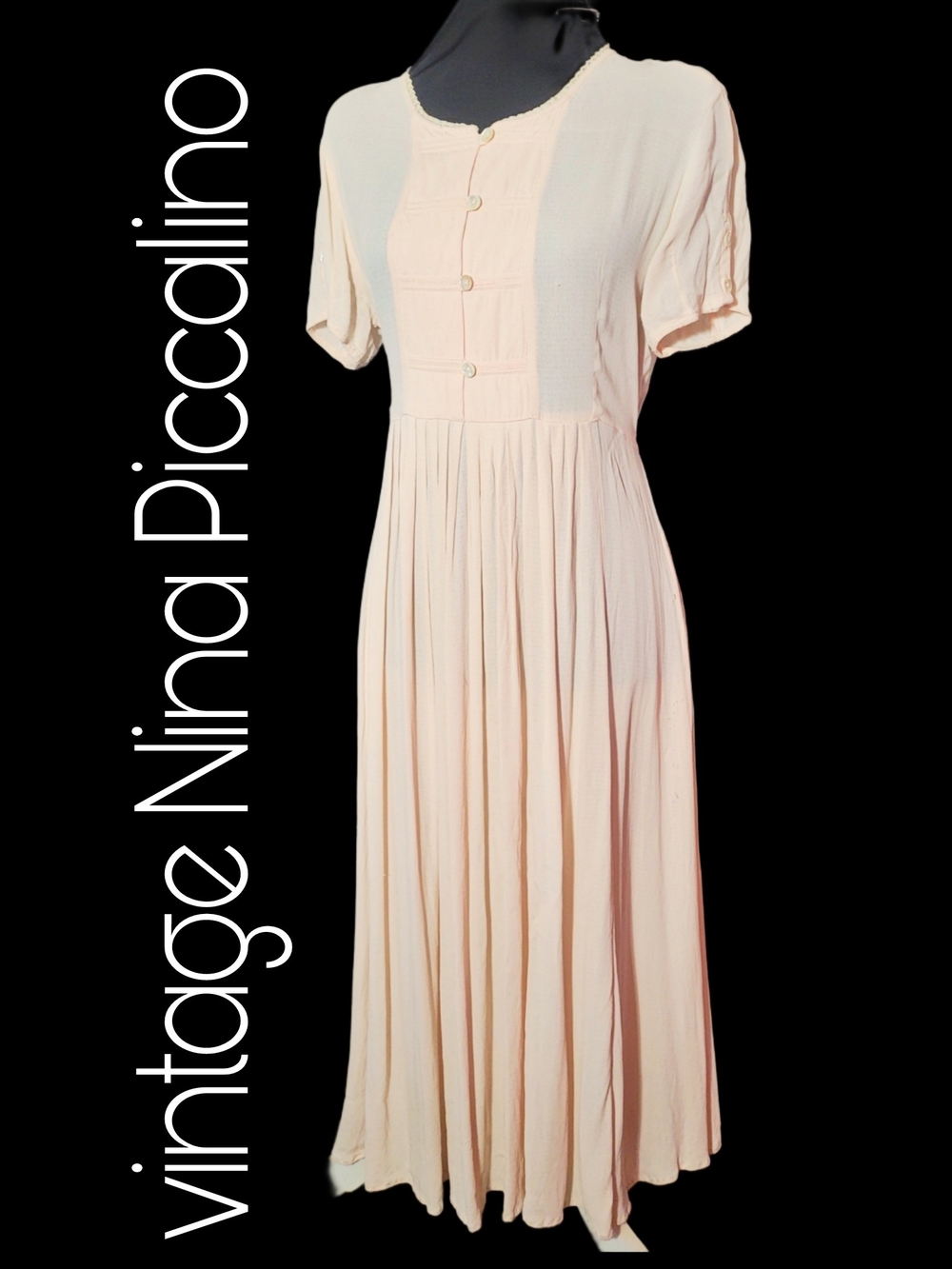 Vintage Nina Piccalino Pale Pink Pleated Moss Crepe Rayon Maxi Dress